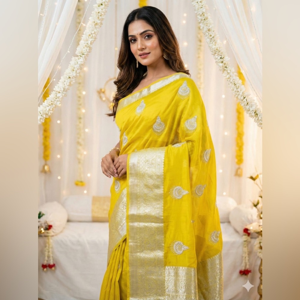 Indian  yellow with silver work saree
